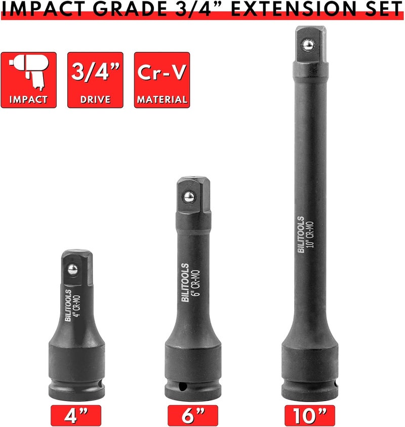 BILITOOLS 3/4" Drive Impact Extension Set 4", 6", 10" CR-MO Steel Socket Ratchet Wrench Extension Bar Set - Image 2